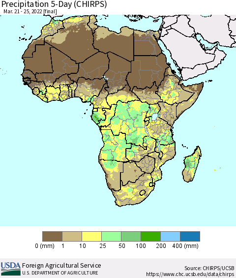 Africa Precipitation 5-Day (CHIRPS) Thematic Map For 3/21/2022 - 3/25/2022