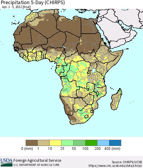 Africa Precipitation 5-Day (CHIRPS) Thematic Map For 4/1/2022 - 4/5/2022