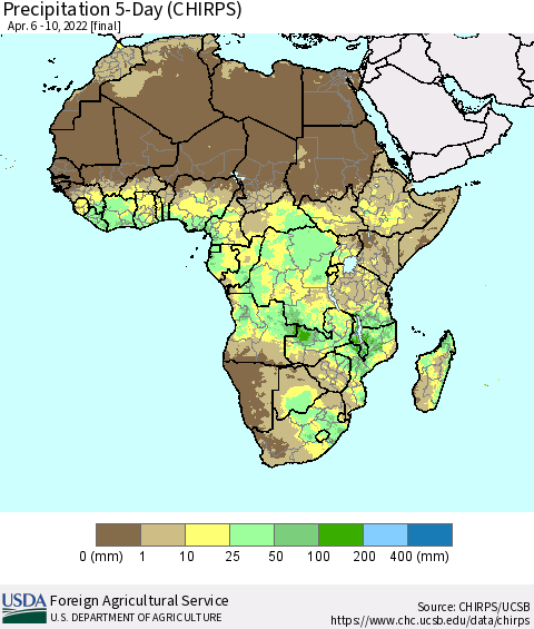 Africa Precipitation 5-Day (CHIRPS) Thematic Map For 4/6/2022 - 4/10/2022