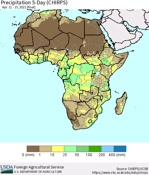 Africa Precipitation 5-Day (CHIRPS) Thematic Map For 4/11/2022 - 4/15/2022