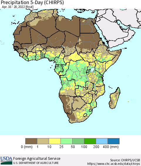 Africa Precipitation 5-Day (CHIRPS) Thematic Map For 4/16/2022 - 4/20/2022