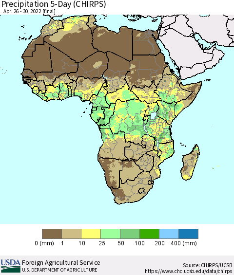Africa Precipitation 5-Day (CHIRPS) Thematic Map For 4/26/2022 - 4/30/2022