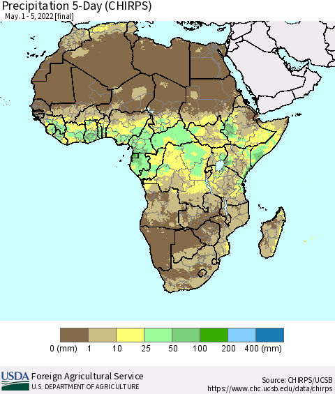 Africa Precipitation 5-Day (CHIRPS) Thematic Map For 5/1/2022 - 5/5/2022
