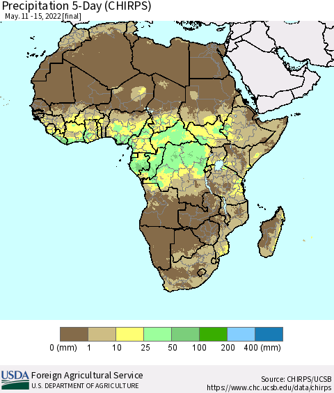 Africa Precipitation 5-Day (CHIRPS) Thematic Map For 5/11/2022 - 5/15/2022