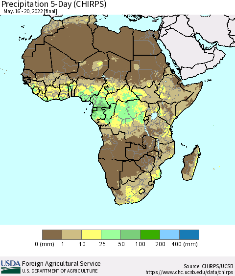 Africa Precipitation 5-Day (CHIRPS) Thematic Map For 5/16/2022 - 5/20/2022