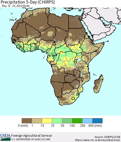 Africa Precipitation 5-Day (CHIRPS) Thematic Map For 5/21/2022 - 5/25/2022