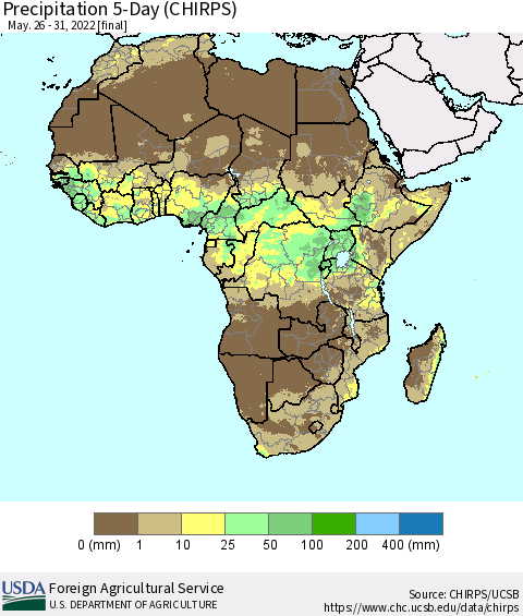 Africa Precipitation 5-Day (CHIRPS) Thematic Map For 5/26/2022 - 5/31/2022