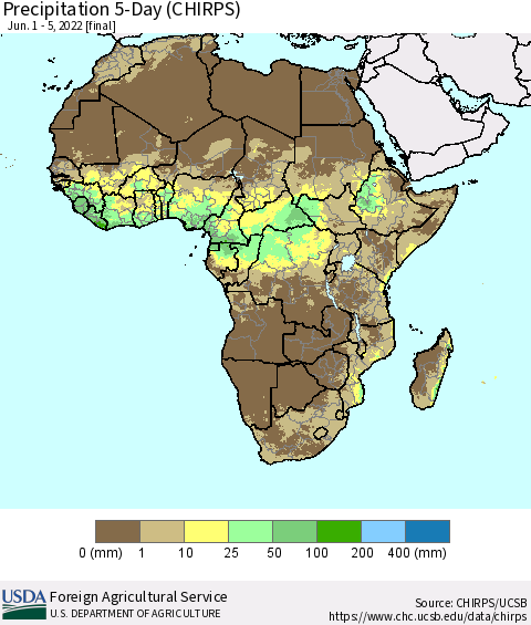 Africa Precipitation 5-Day (CHIRPS) Thematic Map For 6/1/2022 - 6/5/2022