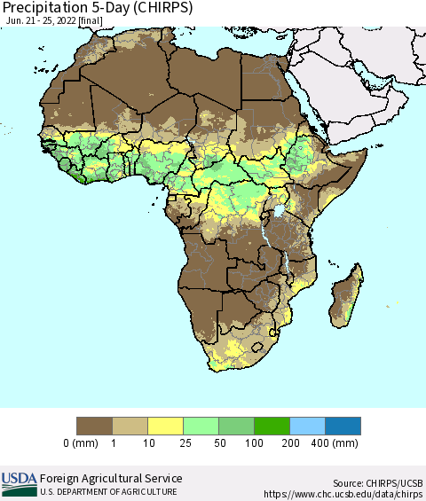Africa Precipitation 5-Day (CHIRPS) Thematic Map For 6/21/2022 - 6/25/2022