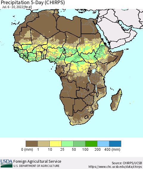 Africa Precipitation 5-Day (CHIRPS) Thematic Map For 7/6/2022 - 7/10/2022