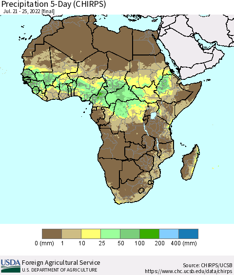 Africa Precipitation 5-Day (CHIRPS) Thematic Map For 7/21/2022 - 7/25/2022