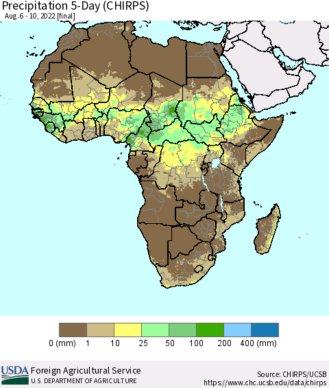 Africa Precipitation 5-Day (CHIRPS) Thematic Map For 8/6/2022 - 8/10/2022
