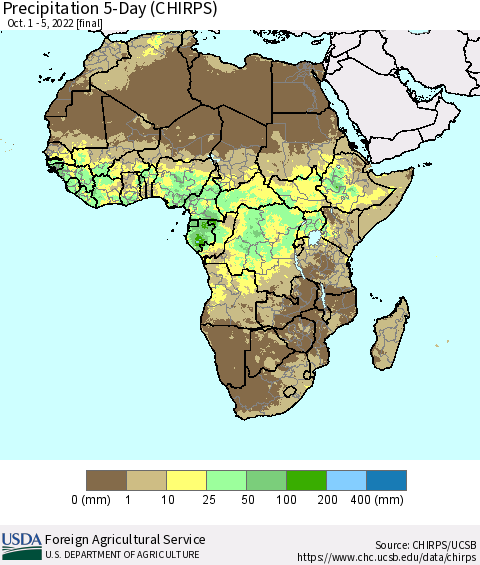 Africa Precipitation 5-Day (CHIRPS) Thematic Map For 10/1/2022 - 10/5/2022