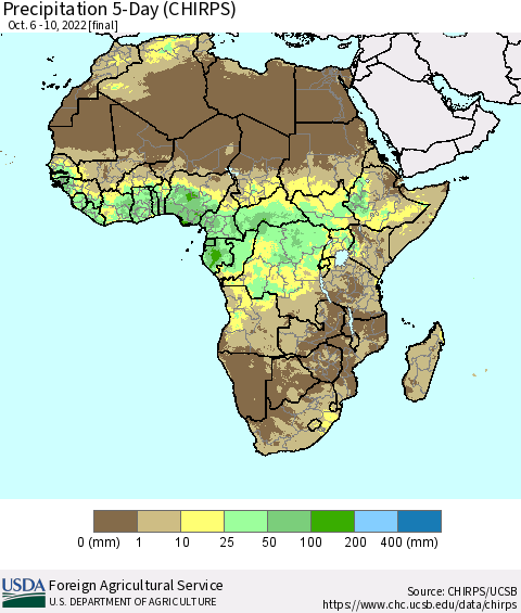 Africa Precipitation 5-Day (CHIRPS) Thematic Map For 10/6/2022 - 10/10/2022