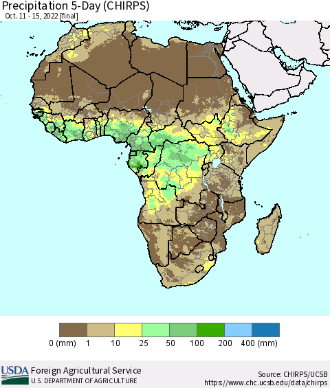 Africa Precipitation 5-Day (CHIRPS) Thematic Map For 10/11/2022 - 10/15/2022
