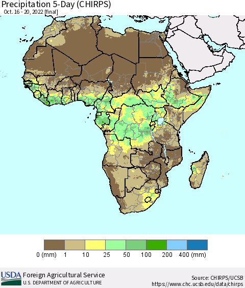 Africa Precipitation 5-Day (CHIRPS) Thematic Map For 10/16/2022 - 10/20/2022