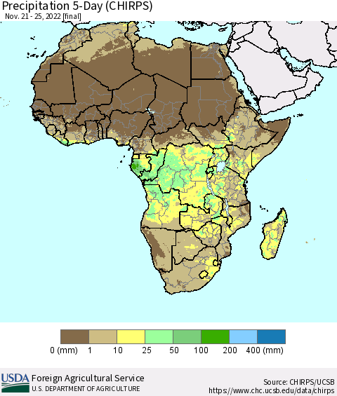 Africa Precipitation 5-Day (CHIRPS) Thematic Map For 11/21/2022 - 11/25/2022