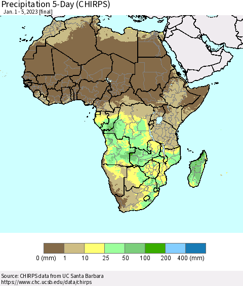 Africa Precipitation 5-Day (CHIRPS) Thematic Map For 1/1/2023 - 1/5/2023
