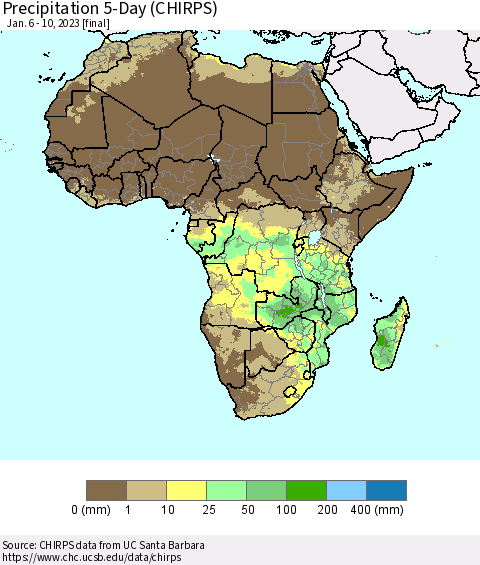 Africa Precipitation 5-Day (CHIRPS) Thematic Map For 1/6/2023 - 1/10/2023