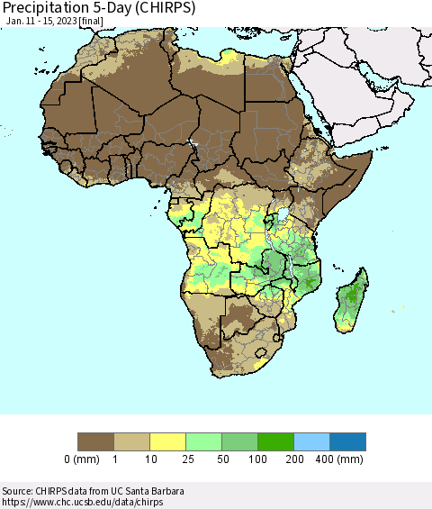 Africa Precipitation 5-Day (CHIRPS) Thematic Map For 1/11/2023 - 1/15/2023