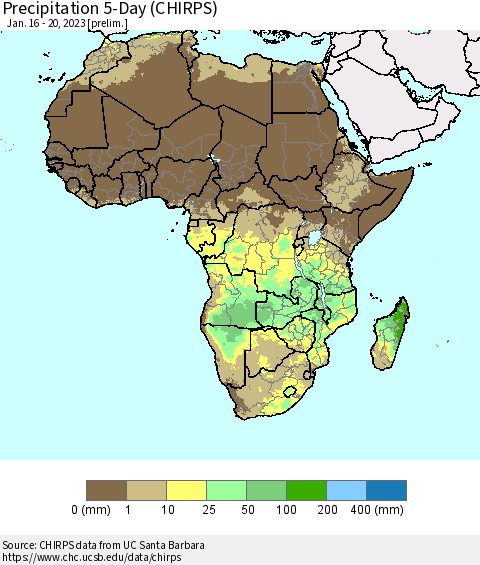 Africa Precipitation 5-Day (CHIRPS) Thematic Map For 1/16/2023 - 1/20/2023