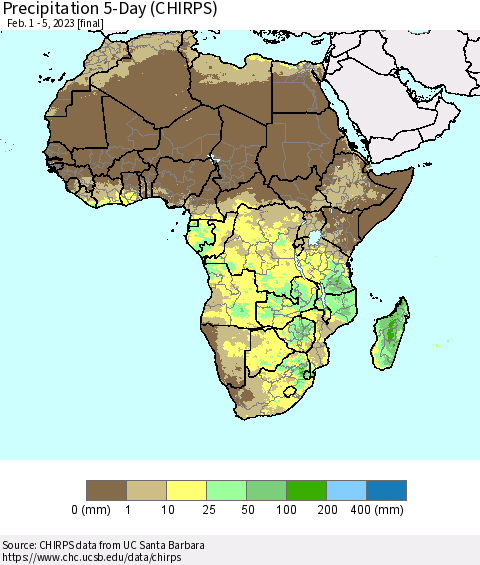 Africa Precipitation 5-Day (CHIRPS) Thematic Map For 2/1/2023 - 2/5/2023