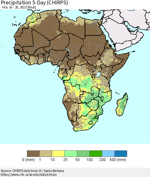 Africa Precipitation 5-Day (CHIRPS) Thematic Map For 2/16/2023 - 2/20/2023