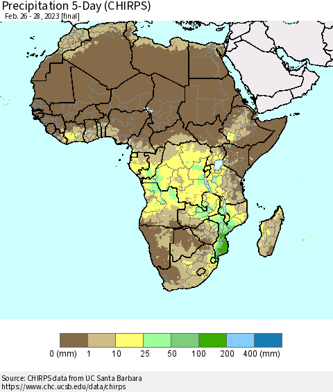 Africa Precipitation 5-Day (CHIRPS) Thematic Map For 2/26/2023 - 2/28/2023