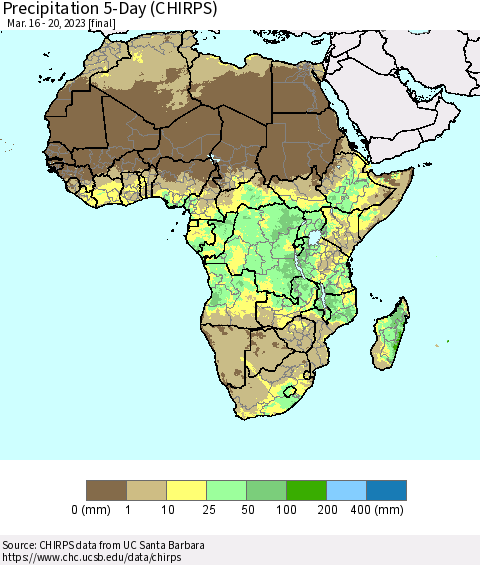 Africa Precipitation 5-Day (CHIRPS) Thematic Map For 3/16/2023 - 3/20/2023