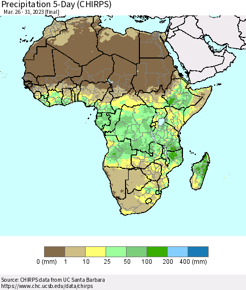 Africa Precipitation 5-Day (CHIRPS) Thematic Map For 3/26/2023 - 3/31/2023