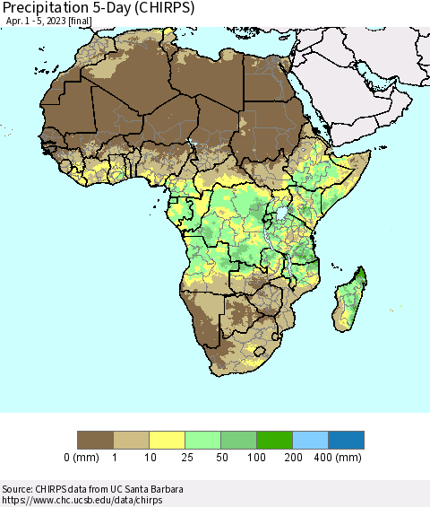 Africa Precipitation 5-Day (CHIRPS) Thematic Map For 4/1/2023 - 4/5/2023