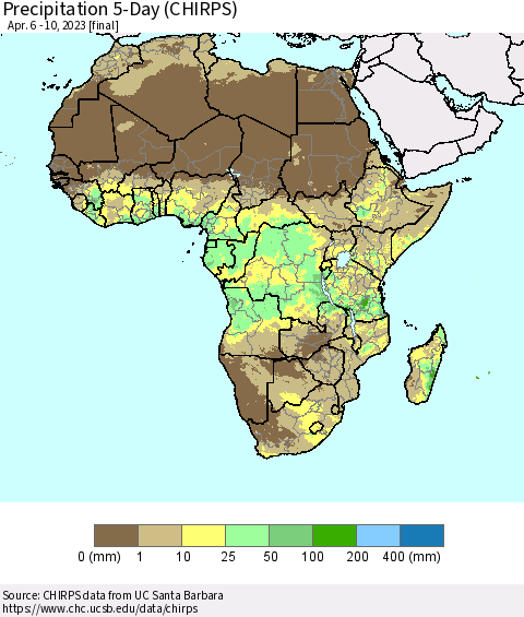 Africa Precipitation 5-Day (CHIRPS) Thematic Map For 4/6/2023 - 4/10/2023