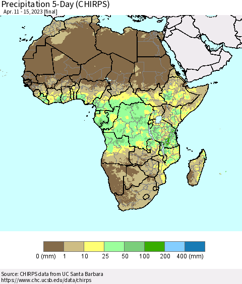 Africa Precipitation 5-Day (CHIRPS) Thematic Map For 4/11/2023 - 4/15/2023