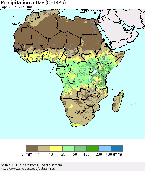 Africa Precipitation 5-Day (CHIRPS) Thematic Map For 4/21/2023 - 4/25/2023