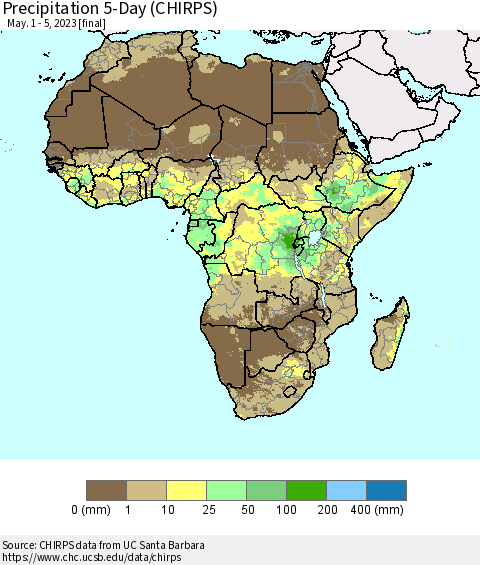 Africa Precipitation 5-Day (CHIRPS) Thematic Map For 5/1/2023 - 5/5/2023