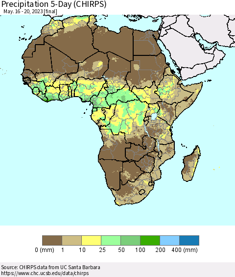 Africa Precipitation 5-Day (CHIRPS) Thematic Map For 5/16/2023 - 5/20/2023
