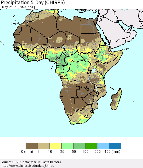 Africa Precipitation 5-Day (CHIRPS) Thematic Map For 5/26/2023 - 5/31/2023