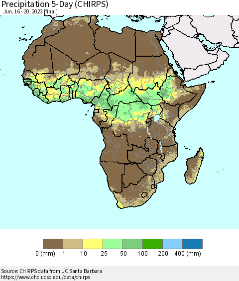 Africa Precipitation 5-Day (CHIRPS) Thematic Map For 6/16/2023 - 6/20/2023