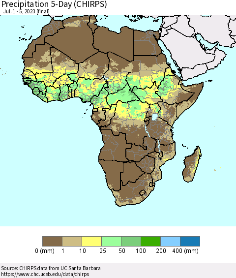 Africa Precipitation 5-Day (CHIRPS) Thematic Map For 7/1/2023 - 7/5/2023