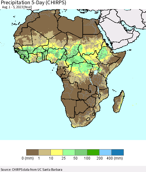 Africa Precipitation 5-Day (CHIRPS) Thematic Map For 8/1/2023 - 8/5/2023