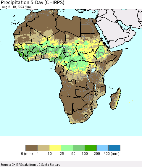 Africa Precipitation 5-Day (CHIRPS) Thematic Map For 8/6/2023 - 8/10/2023