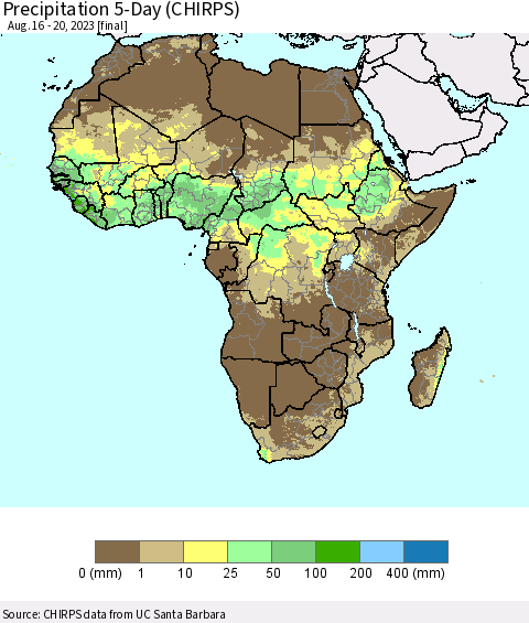 Africa Precipitation 5-Day (CHIRPS) Thematic Map For 8/16/2023 - 8/20/2023
