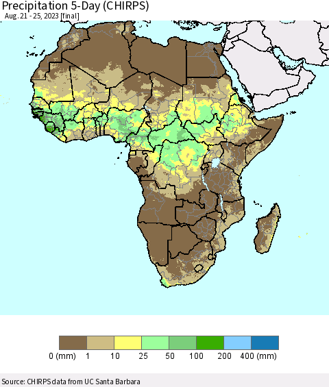 Africa Precipitation 5-Day (CHIRPS) Thematic Map For 8/21/2023 - 8/25/2023