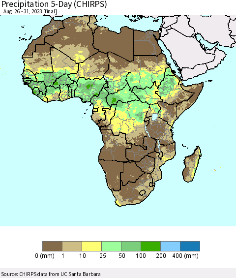 Africa Precipitation 5-Day (CHIRPS) Thematic Map For 8/26/2023 - 8/31/2023
