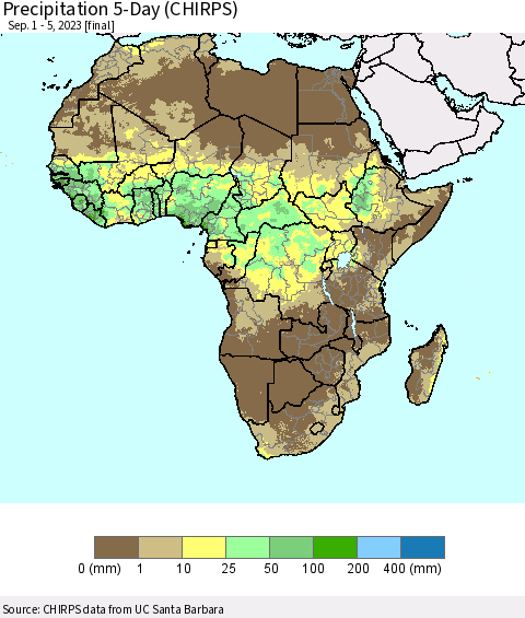 Africa Precipitation 5-Day (CHIRPS) Thematic Map For 9/1/2023 - 9/5/2023