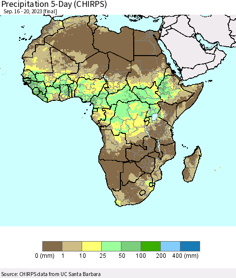 Africa Precipitation 5-Day (CHIRPS) Thematic Map For 9/16/2023 - 9/20/2023