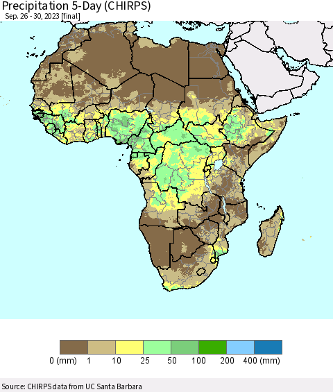 Africa Precipitation 5-Day (CHIRPS) Thematic Map For 9/26/2023 - 9/30/2023