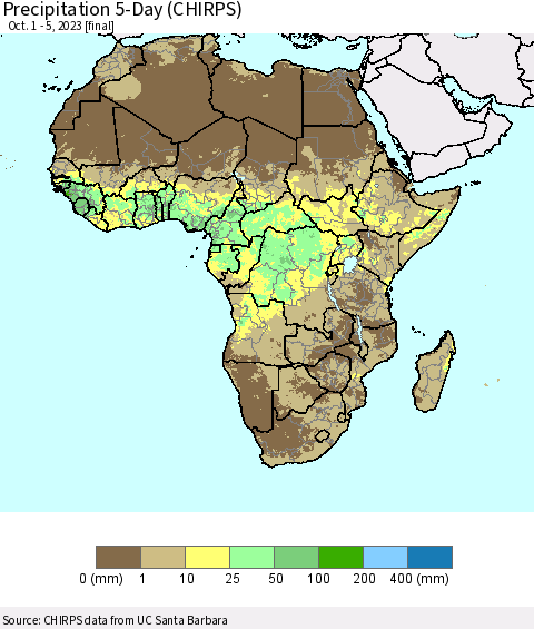 Africa Precipitation 5-Day (CHIRPS) Thematic Map For 10/1/2023 - 10/5/2023
