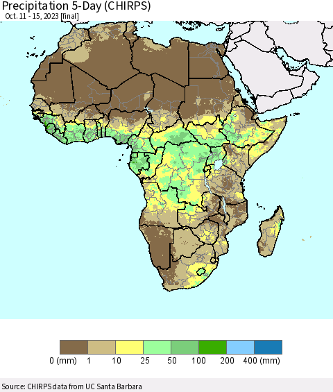 Africa Precipitation 5-Day (CHIRPS) Thematic Map For 10/11/2023 - 10/15/2023