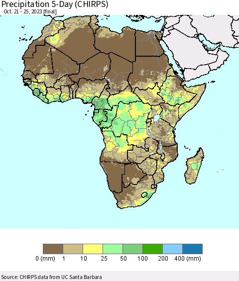 Africa Precipitation 5-Day (CHIRPS) Thematic Map For 10/21/2023 - 10/25/2023